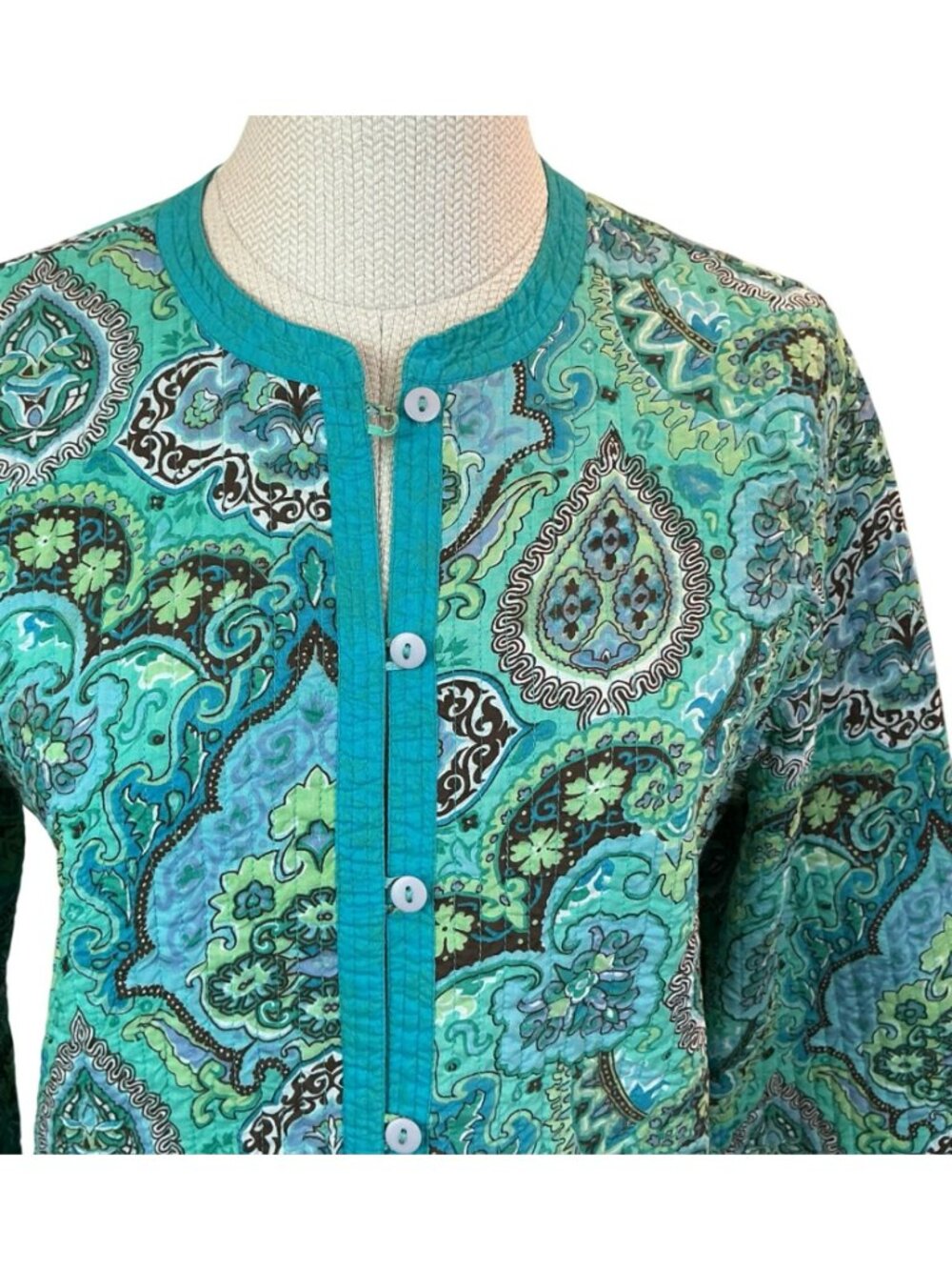 Reversible Quilted Button Front Jacket Womens Medium Turquoise PIsley Design - Picture 4 of 16